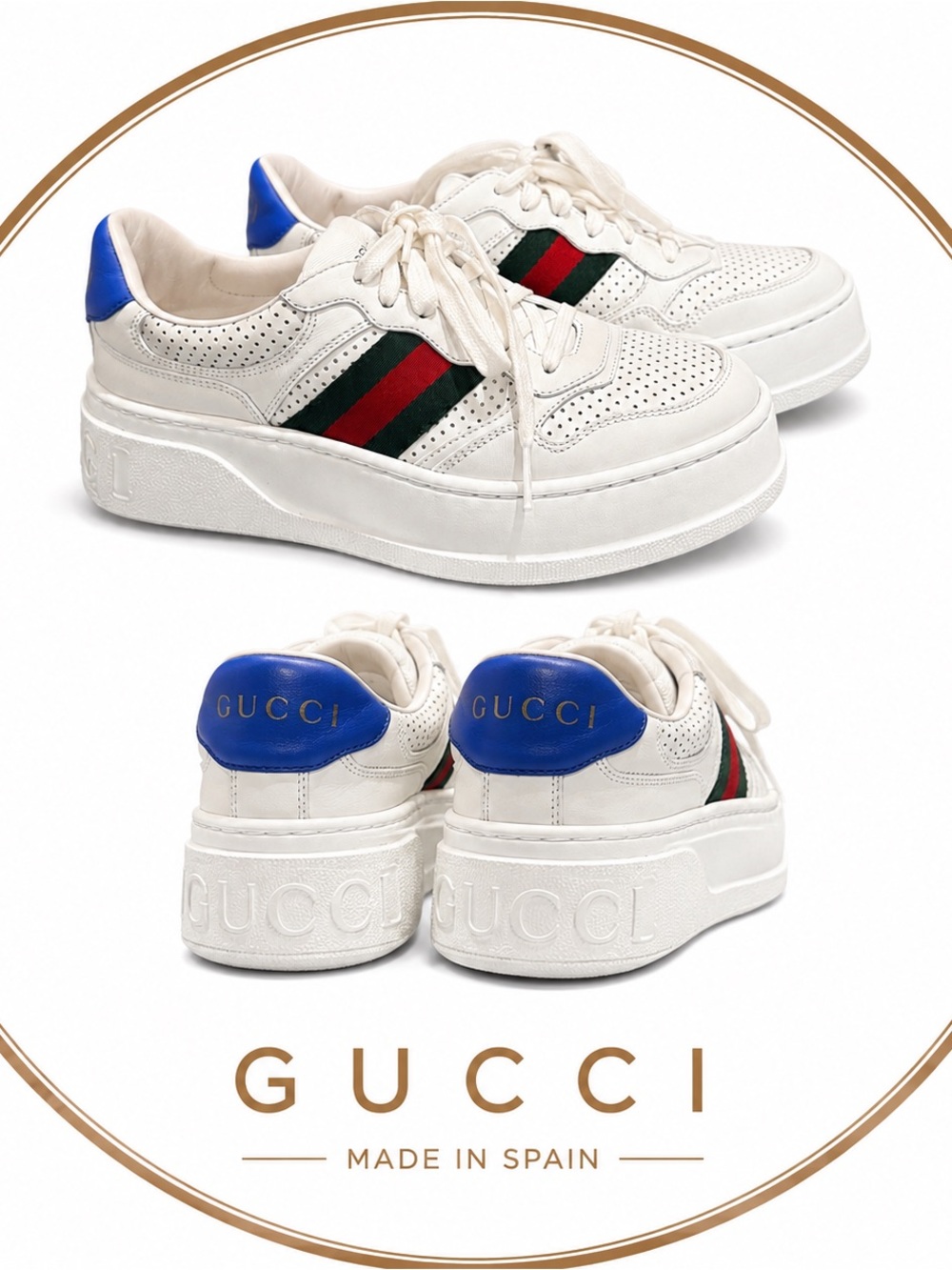 Gucci White Leather Platform Sneaker with Green and Red Web and Blue Heel - Picture 11 of 13
